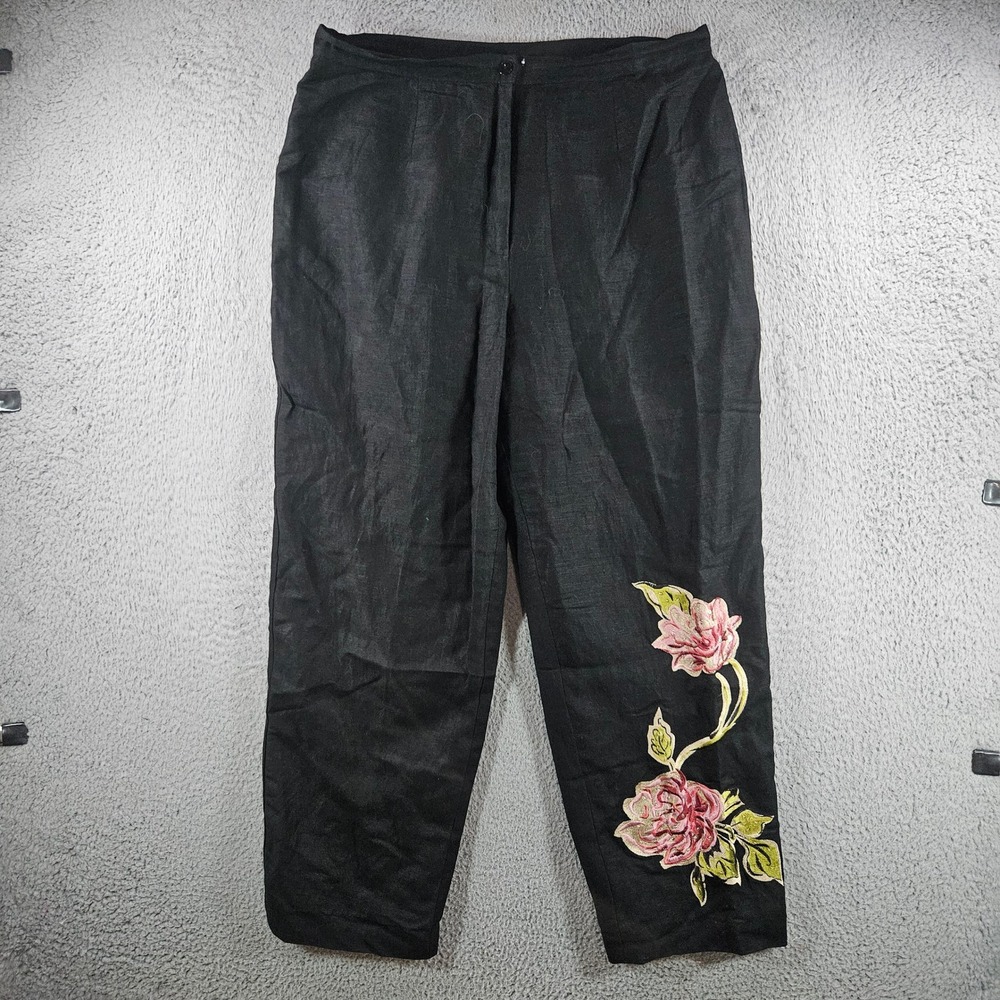 Bob Mackie Studio Black Linen‎ Floral Embroidered Pants Womens 16 High Rise